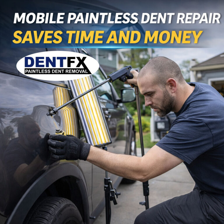 Mobile paintless dent repair performed at customer location