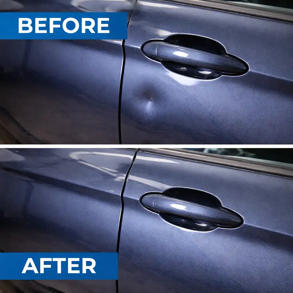 Before and after paintless dent repair in Western North Carolina showing a door ding removed without repainting.