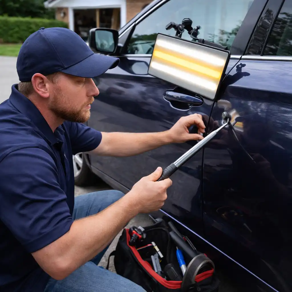 Mobile paintless dent repair technician removing a dent during a same-day repair in Western North Carolina.