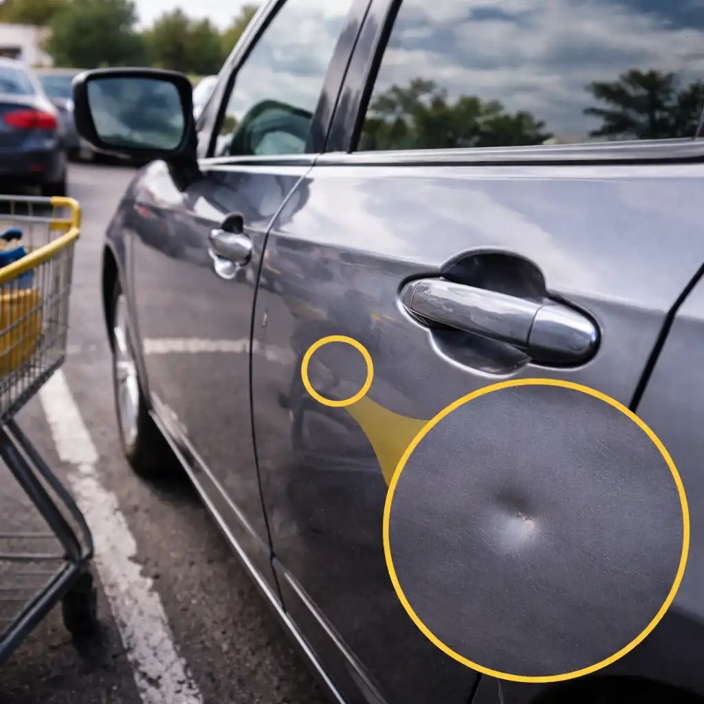 Small door ding on a vehicle caused by a parking lot incident, common example of a mystery dent.