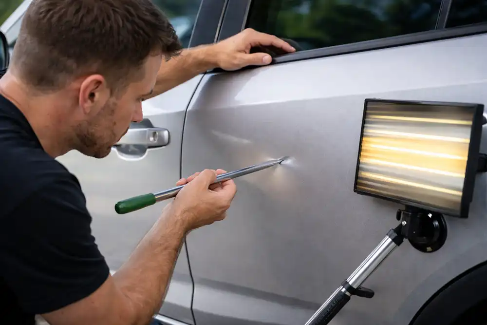 Paintless dent repair restoring vehicle panel without repainting