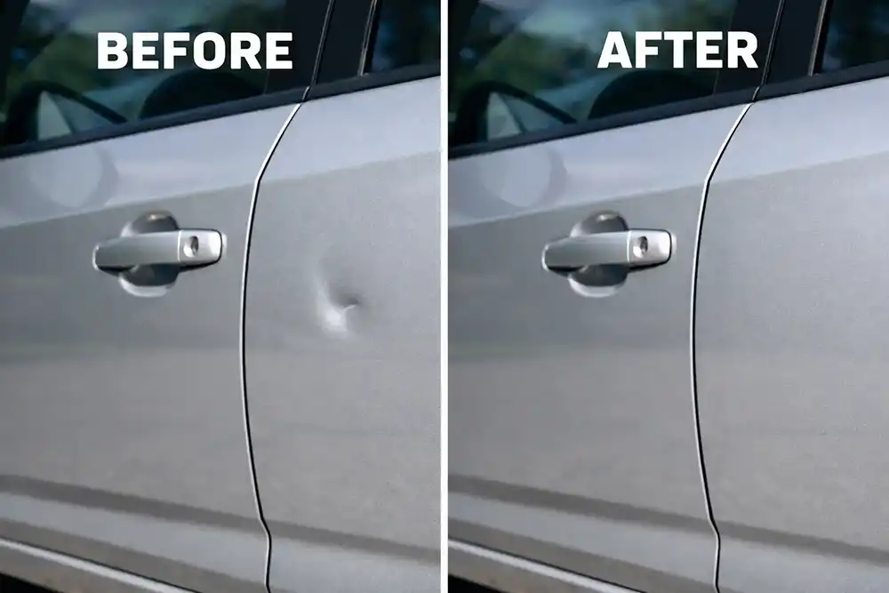 before and after paintless dent repair showing dent removed