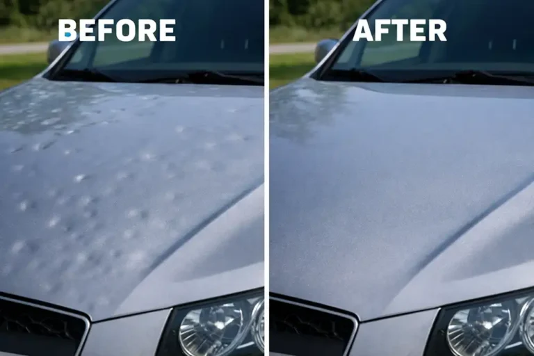 before and after paintless dent repair showing hail dent removed