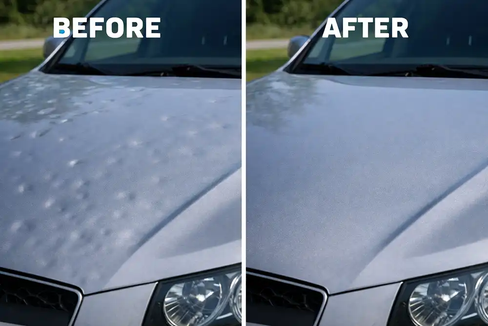 before and after paintless dent repair showing hail dent removed