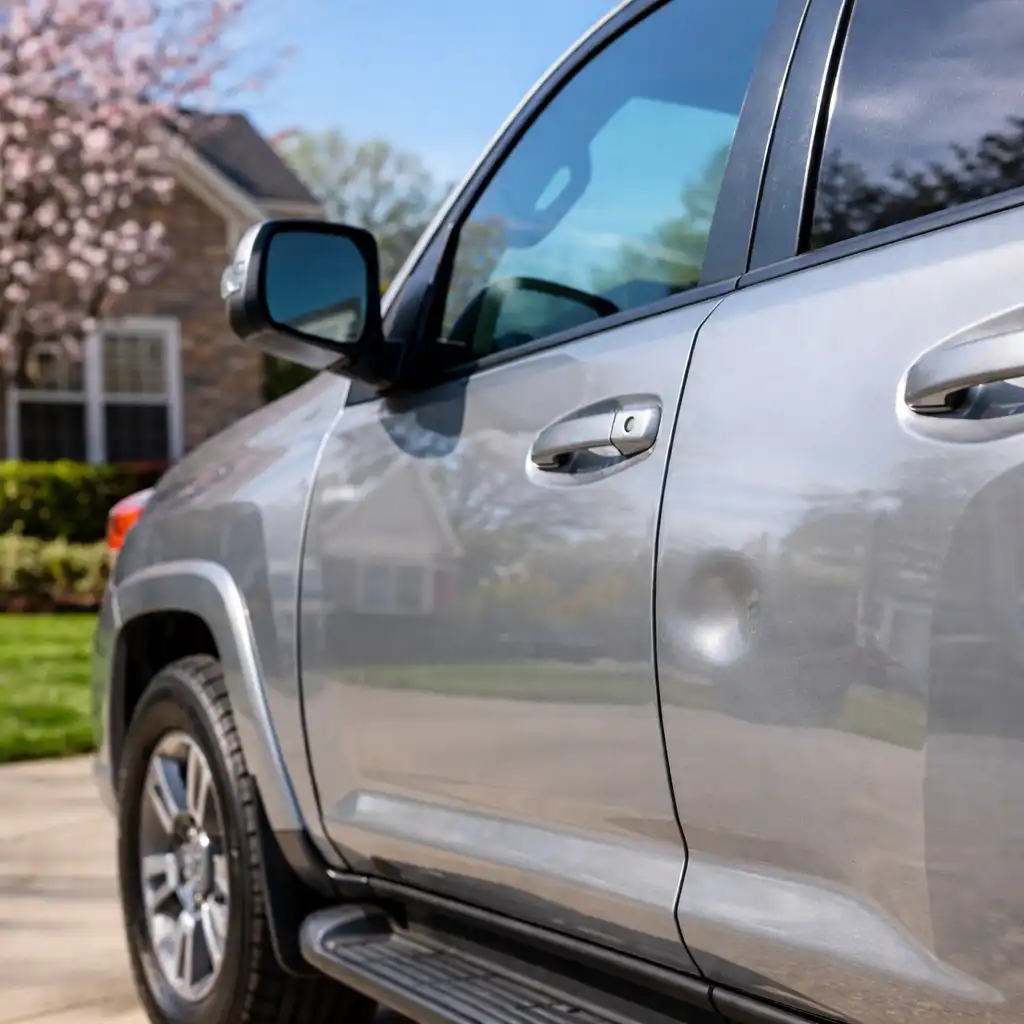 Vehicle in spring sunlight showing door dent before paintless dent repair in Western North Carolina
