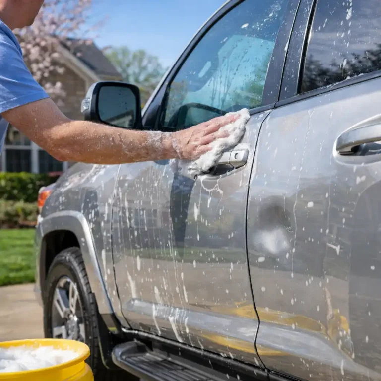 Clean vehicle during spring washing with visible dent before paintless dent repair in Western North Carolina