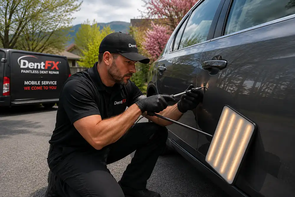Mobile paintless dent repair technician restoring a vehicle in Western NC